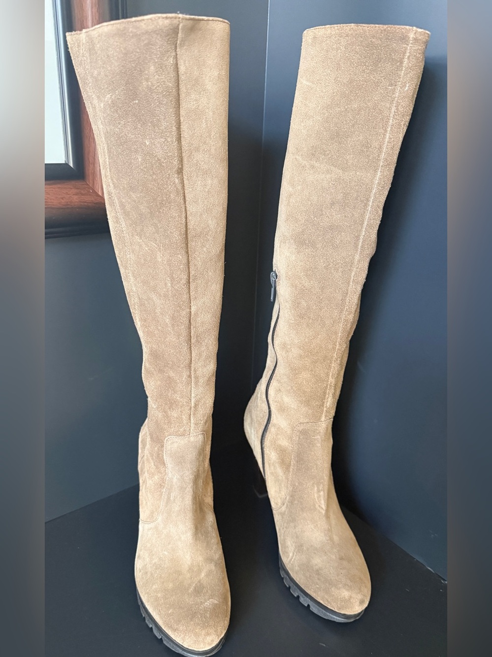 Jigsaw Suede Knee High Boots EU 36 Khaki Taupe Lug Sole High Heel